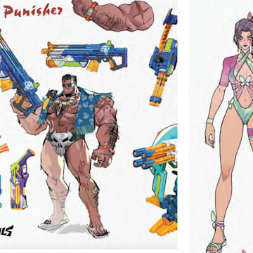 Punisher's turret form is transforming into a water gun and Psylocke wears a pastel 90's-inspired swimsuit in concept art for an upcoming skin drop.