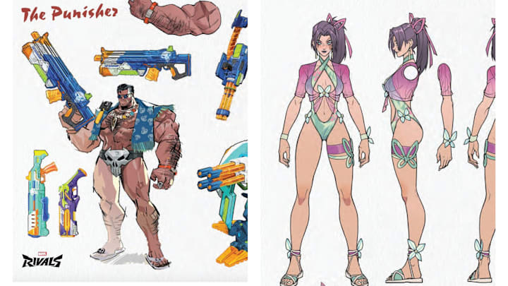 Punisher's turret form is transforming into a water gun and Psylocke wears a pastel 90's-inspired swimsuit in concept art for an upcoming skin drop.