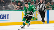 Feb 28, 2025; Dallas, Texas, USA;  Dallas Stars center Wyatt Johnston (53) skates with the puck against the Los Angeles Kings during the second period at American Airlines Center. Mandatory Credit: Chris Jones-Imagn Images