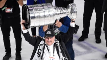 Jul 7, 2021; Tampa, Florida, USA; Tampa Bay Lightning owner Jeff Vinik hoists the Stanley Cup after the Lightning defeated the Montreal Canadiens 1-0 in game five to win the 2021 Stanley Cup Final at Amalie Arena. Mandatory Credit: Douglas DeFelice-USA TODAY Sports