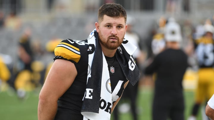 Aug 21, 2021; Pittsburgh, Pennsylvania, USA;  The Pittsburgh Steelers Christian Kuntz gets ready to play against the Detroit Lions at Heinz Field. Mandatory Credit: Philip G. Pavely-USA TODAY Sports