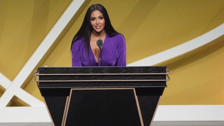 May 15, 2021; Uncasville, Connecticut, USA;  Vanessa Bryant, wife of the late Kobe Bryant, speaks on his behalf during the Class of 2020 Naismith Memorial Basketball Hall of Fame Enshrinement ceremony at Mohegan Sun Arena. Mandatory Credit: David Butler II-USA TODAY Sports