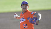 Clemson pitcher Aidan Knaak (19) pitches to Wake Forest during the top of the second inning at Doug Kingsmore Stadium in Clemson, S.C. Friday, March 21, 2025.