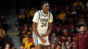 Dec 4, 2024; Minneapolis, Minnesota, USA; Michigan State Spartans forward Xavier Booker (34) celebrates his three-point basket against the Minnesota Golden Gophers during the second half at Williams Arena. Mandatory Credit: Matt Krohn-Imagn Images