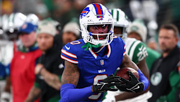 Oct 14, 2024; East Rutherford, New Jersey, USA; Buffalo Bills wide receiver Keon Coleman (0) runs with the ball against the New York Jets during the second half at MetLife Stadium. Mandatory Credit: Ed Mulholland-Imagn Images