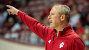 Indiana Head Coach Darian DeVries during the Indiana versus Marian men's basketball game at Simon Skjodt Assembly Hall on Friday, Oct. 17, 2025.