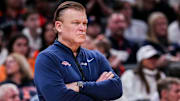 Illinois Fighting Illini head coach Brad Underwood watches the action Friday, March 14, 2025, in a quarterfinals game at the 2025 TIAA Big Ten Men’s Basketball Tournament between the Maryland Terrapins and the Illinois Fighting Illini at Gainbridge Fieldhouse in Indianapolis.