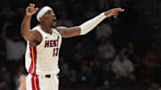 Dec 1, 2025; Miami, Florida, USA; Miami Heat center Bam Adebayo (13) celebrates a three-pointer during the first half against the Los Angeles Clippers at Kaseya Center. Mandatory Credit: Jim Rassol-Imagn Images