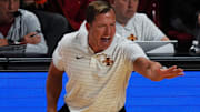 Iowa State Cyclones men's basketball head coach T.J. Otzelberger calls a play from side line during the first half against Grambling State Tigers on Nov. 6, 2025, at Hilton Coliseum in Ames, Iowa.
