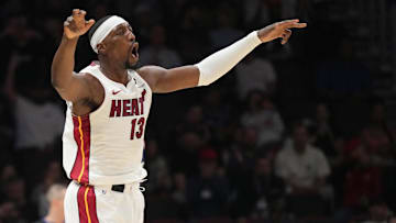 Dec 1, 2025; Miami, Florida, USA; Miami Heat center Bam Adebayo (13) celebrates a three-pointer during the first half against the Los Angeles Clippers at Kaseya Center. Mandatory Credit: Jim Rassol-Imagn Images