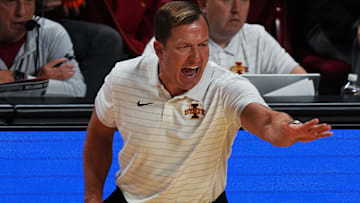 Iowa State Cyclones men's basketball head coach T.J. Otzelberger calls a play from side line during the first half against Grambling State Tigers on Nov. 6, 2025, at Hilton Coliseum in Ames, Iowa.