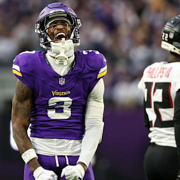 Dec 8, 2024; Minneapolis, Minnesota, USA; Minnesota Vikings wide receiver Jordan Addison (3) celebrates his catch against the Atlanta Falcons during the fourth quarter at U.S. Bank Stadium. Mandatory Credit: Matt Krohn-Imagn Images