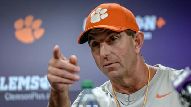  Clemson football head coach Dabo Swinney talks with media before the first football practice at the Allen N. Reeves Football