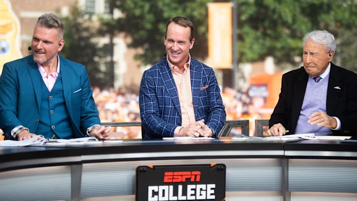 Peyton Manning during ESPN's College GameDay show held outside of Ayres Hall on the University of Tennessee campus in Knoxville, Tenn. on Saturday, Oct. 15, 2022. The college football pregame show returned to Knoxville for the second time this season for No. 8 Tennessee's SEC rivalry game against No. 1 Alabama.