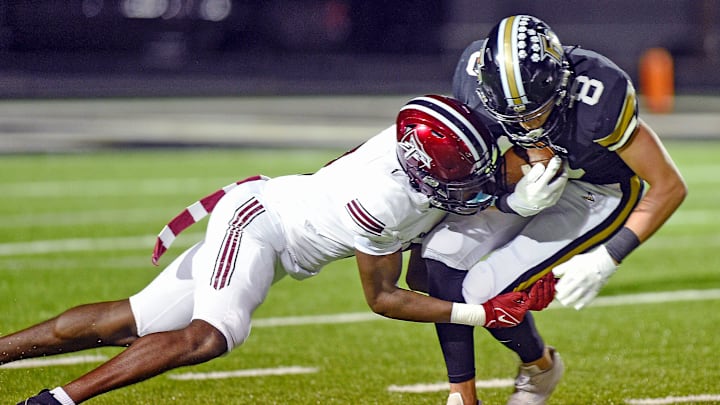 Fort PayneÕs Brannon Oliver tries to evade the tackle of Gadsden CityÕs Zyan Gibson during high school football action in Fort Payne, Alabama October 11, 2024. (Dave Hyatt / Special to the Gadsden Times)