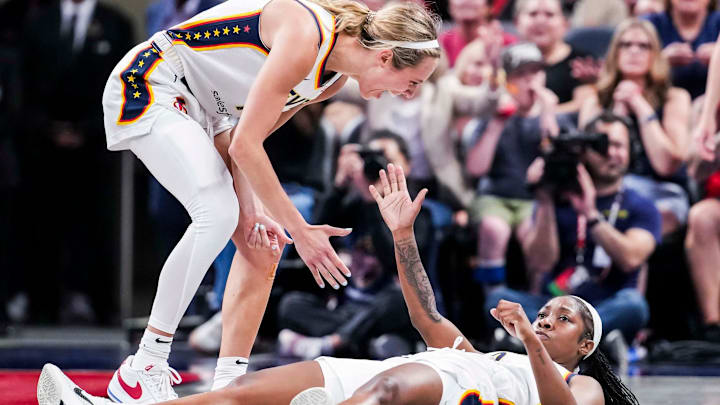 Indiana Fever guard Lexie Hull (10) celebrates with Indiana Fever guard Aari McDonald (2) Tuesday, June 3, 2025, during a game between the Indiana Fever and the Washington Mystics at Gainbridge Fieldhouse in Indianapolis. Indiana Fever guard Lexie Hull (10) celebrates with Indiana Fever guard Aari McDonald (2) Tuesday, June 3, 2025, during a game between the Indiana Fever and the Washington Mystics at Gainbridge Fieldhouse in Indianapolis.