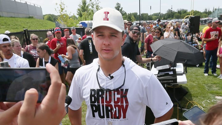Former Iowa State quarterback and San Francisco 49ers quarterback Brock Purdy talks to media at the Brock Purdy Youth Football camp at Jack Trice Stadium football practice field on Saturday, June 22, 2024, in Ames, Iowa