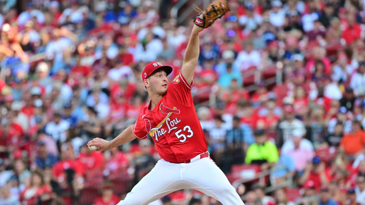 Aug 17, 2024; St. Louis, Missouri, USA;  St. Louis Cardinals pitcher Andre Pallante (53) throws in the first inning against the Los Angeles Dodgers at Busch Stadium. Mandatory Credit: Tim Vizer-USA TODAY Sports