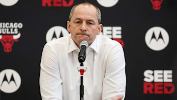 Chicago Bulls Executive Vice President of Basketball Operations Arturas Karnisovas speaks at a press conference.