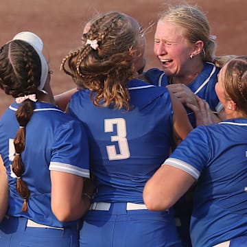 Van Meter softball team celebrates the 2A Iowa high school state softball championship at Rogers Sports complex on Friday, July 26, 2024, in Fort Dodge, Iowa.
