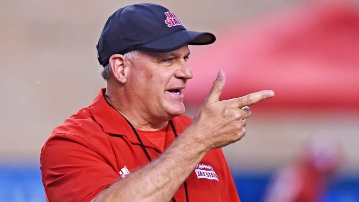 Jacksonville State Head Coach Rich Rodriguez directs activities during the Jax State Spring game in Jacksonville, Alabama. April 19, 2024.