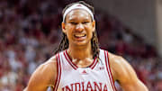Indiana's Malik Reneau (5) celebrates during the Indiana versus Purdue mens basketball game at Simon Skjodt Assembly Hall on Sunday, Feb. 23, 2025.