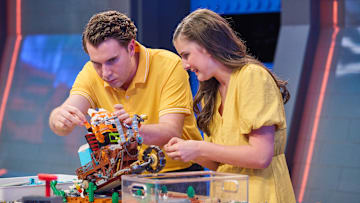 LEGO MASTERS: L-R: Contestants Ian and Sage in the LEGO MASTERS "Get in Gear" episode airing Monday, June 16 (8:00-9:02 PM ET/PT) on FOX. CR: Tom Griscom/FOX. ©2025 FOX MEDIA LLC.