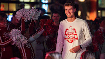 Indiana's Trent Sisley is introduced during the Hoosier Hoops on Kirkwood event on Kirkwood Avenue just outside the Sample Gates on Thursday, Oct. 2, 2025.