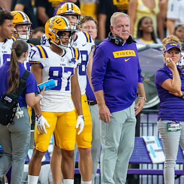 Head Coach Brian Kelly as the LSU Tigers take on the Nicholls Colonels at Tiger Stadium in Baton Rouge, LA. Saturday, Sept. 7, 2024.