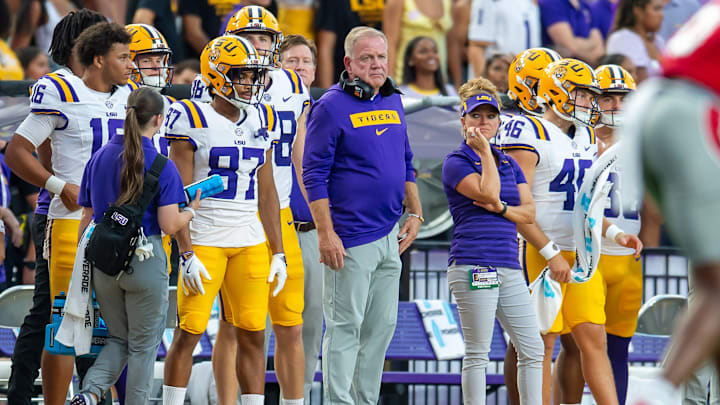 Head Coach Brian Kelly as the LSU Tigers take on the Nicholls Colonels at Tiger Stadium in Baton Rouge, LA. Saturday, Sept. 7, 2024.