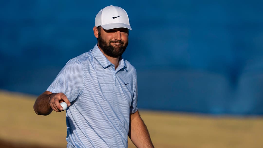 Scottie Scheffler gestures to the crowd after his final putt on 18 of the Pete Dye Stadium Course to win The American Express in La Quinta, Calif., Sunday, Jan. 25, 2026. Scheffler finished the final round six strokes under for a total score of -27.