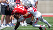 Apr 15, 2023; Columbus, Ohio, United States;  Ohio State Buckeyes tight end Jelani Thurman (15) is tackled by Ohio State Buckeyes cornerback Diante Griffin (43) during the fourth quarter of the Ohio State Buckeyes spring game at Ohio Stadium on Saturday morning. Mandatory Credit: Joseph Scheller-The Columbus Dispatch

Football Ceb Osufb Spring Game Ohio State At Ohio State