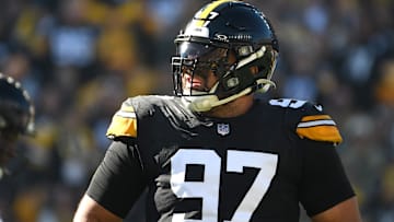 Nov 12, 2023; Pittsburgh, Pennsylvania, USA;  Pittsburgh Steelers defensive tackle Cameron Heyward (97) in between plays against the Green Bay Packers at Acrisure Stadium. Mandatory Credit: Philip G. Pavely-Imagn Images