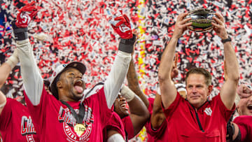 Indiana Head Coach Curt Cignetti and the Hoosiers celebrate after the Indiana versus Ohio State Big Ten Championship football game at Lucas Oil Stadium on Saturday, Dec. 6, 2025.