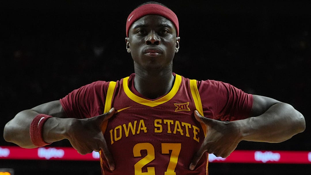 Iowa State Cyclones forward Killyan Toure (27) celebrates after a dunk against Iowa during the second half in the men’s basketball Cy-Hawk series on Dec. 11, 2025, in Ames, Iowa. Iowa State Cyclones forward Killyan Toure (27) celebrates after a dunk against Iowa during the second half in the men’s basketball Cy-Hawk series on Dec. 11, 2025, in Ames, Iowa.