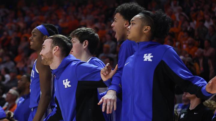 Jan 17, 2026; Knoxville, Tennessee, USA;  The Kentucky Wildcats bench reacts to a play against the Tennessee Volunteers during the second half at Thompson-Boling Arena at Food City Center. Mandatory Credit: Randy Sartin-Imagn Images