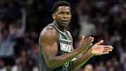 Nov 29, 2024; Minneapolis, Minnesota, USA; Minnesota Timberwolves guard Anthony Edwards (5) reacts during the second half of an NBA Cup game against the LA Clippers at Target Center.