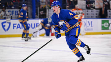Bowen Byram (4) during pre-game skate against the Ducks. 