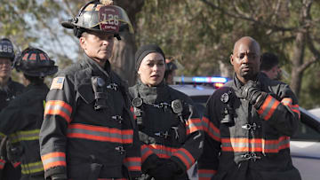 9-1-1 LONE STAR: L-R: Rob Lowe, Natacha Karam, and Brian Michael Smith in the "Both Sides, Now" season premiere episode of 9-1-1 LONE STAR airing Monday, Sept 23 (8:00-9:02 PM ET/PT) on FOX. © 2024 Fox Media LLC. CR: Kevin Estrada/FOX.CR: Kevin Estrada/FOX.