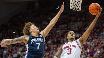 Indiana's Lamar Wilkerson (3) shoots past Penn State's Dominick Stewart (7) on Dec. 9, 2025, at Simon Skjodt Assembly Hall.