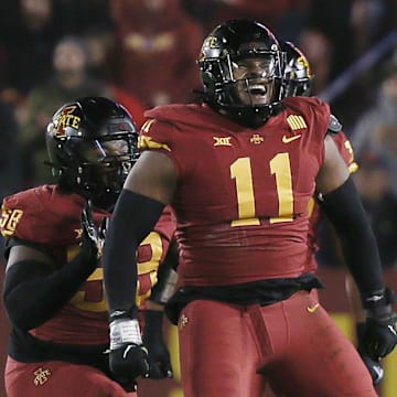 Iowa State Cyclones defensive lineman Tyler Onyedim (11) celebrates a sack against the Texas Longhorns.