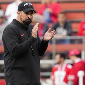 Nov 4, 2023; Piscataway, New Jersey, USA; Ohio State Buckeyes head coach Ryan Day watches warm-ups prior to the NCAA football game against the Rutgers Scarlet Knights at SHI Stadium. Ohio State won 35-16.