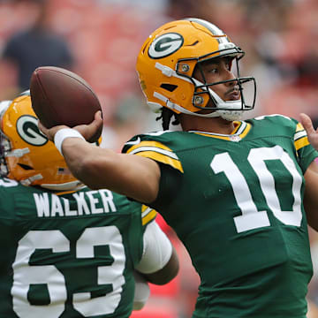 Green Bay Packers quarterback Jordan Love throws a pass during last year's preseason against the Browns.