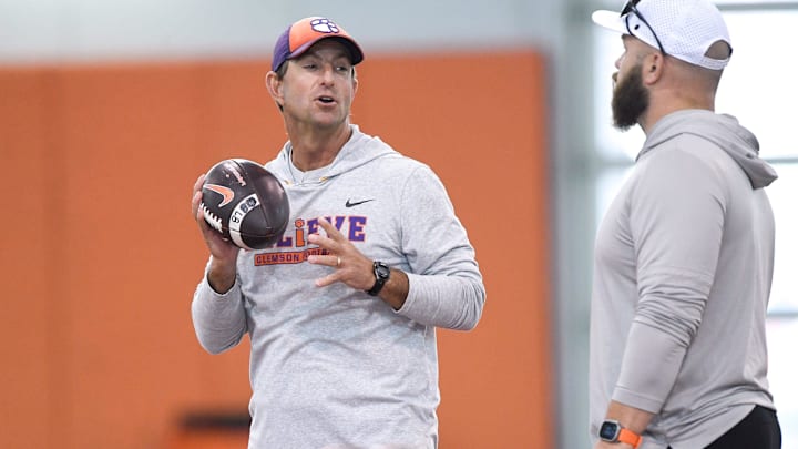 Clemson head coach Dabo Swinney talks with Clemson linebackers coach Ben Boulware during Spring Practice in Clemson, S.C. Monday, March 24, 2025.