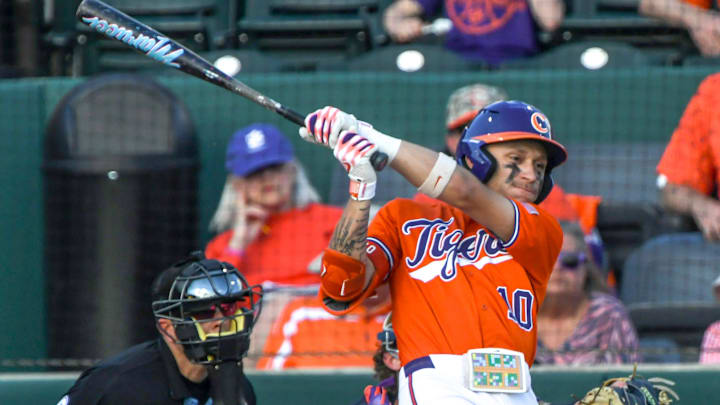 Clemson outfielder Cam Cannarella (10) bats against Notre Dame during the bottom of the fifth inning at Doug Kingsmore Stadum in Clemson, S.C. Friday, March 14, 2025.