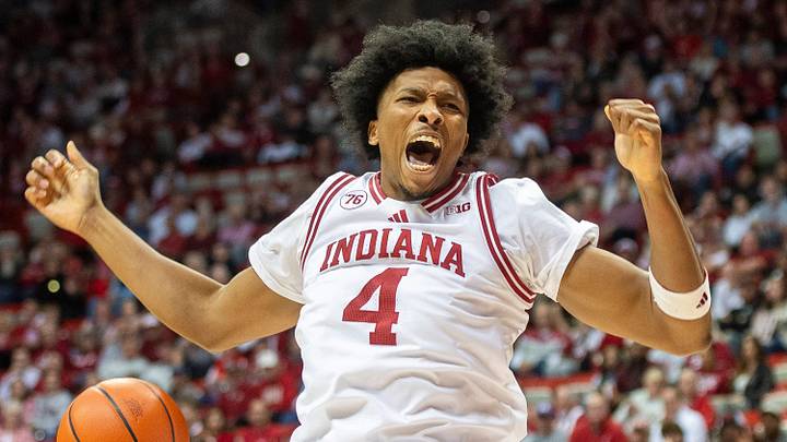 Indiana's Sam Alexis (4) dunks during the Indiana versus Alabama A&M men's basketball game at Simon Skjodt Assembly Hall on Wednesday, Nov. 5, 2025.