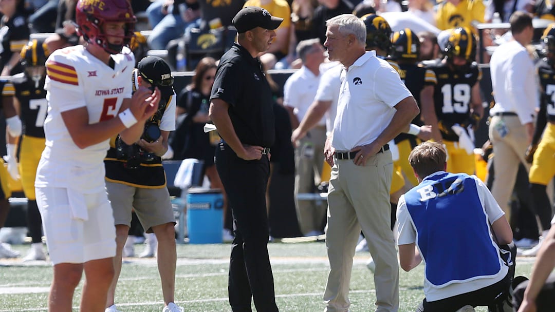Iowa Hawkeyes head coach Kirk Ferentz greets Iowa State Cyclones football head coach Matt Campbell before the Cy-Hawk football game at Kinnick Stadium on Saturday, Sept. 7, 2024, in Iowa City, Iowa. Iowa Hawkeyes head coach Kirk Ferentz greets Iowa State Cyclones football head coach Matt Campbell before the Cy-Hawk football game at Kinnick Stadium on Saturday, Sept. 7, 2024, in Iowa City, Iowa.