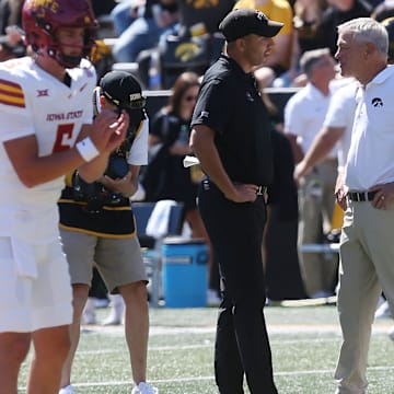 Iowa Hawkeyes head coach Kirk Ferentz greets Iowa State Cyclones football head coach Matt Campbell before the Cy-Hawk football game at Kinnick Stadium on Saturday, Sept. 7, 2024, in Iowa City, Iowa.