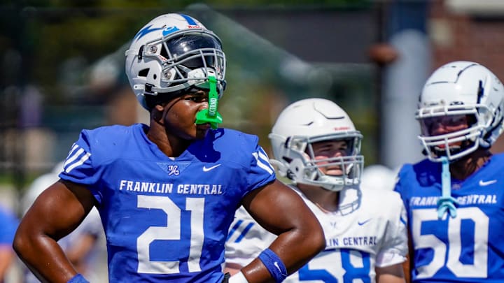 Franklin Central defensive end Jayce Brewer (21) takes part in a scrimmage on Saturday, Aug. 9, 2025, at Franklin Central football stadium in Indianapolis.