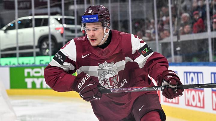 ZURICH, SWITZERLAND - MAY 21: Alberts Smits of Latvia in action during the 2026 IIHF Ice Hockey World Championship Switzerland game between Latvia and Finland at Swiss Life Arena on May 21, 2026 in Zurich, Zurich. (Photo by Andrea Branca/Eurasia Sport Images/Getty Images)